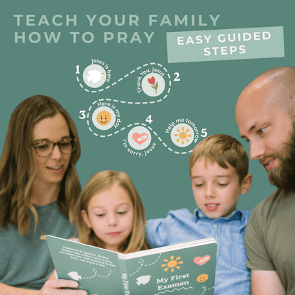 Family reading a book titled 'My First Examen' with educational graphics on a green background.