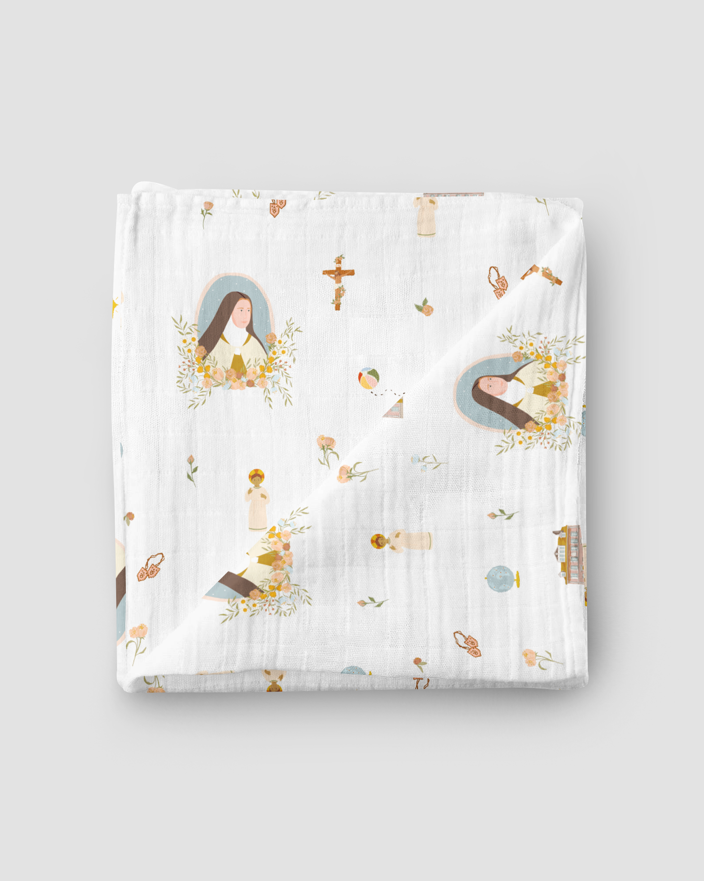 Floral patterned fabric with illustrations on a white background