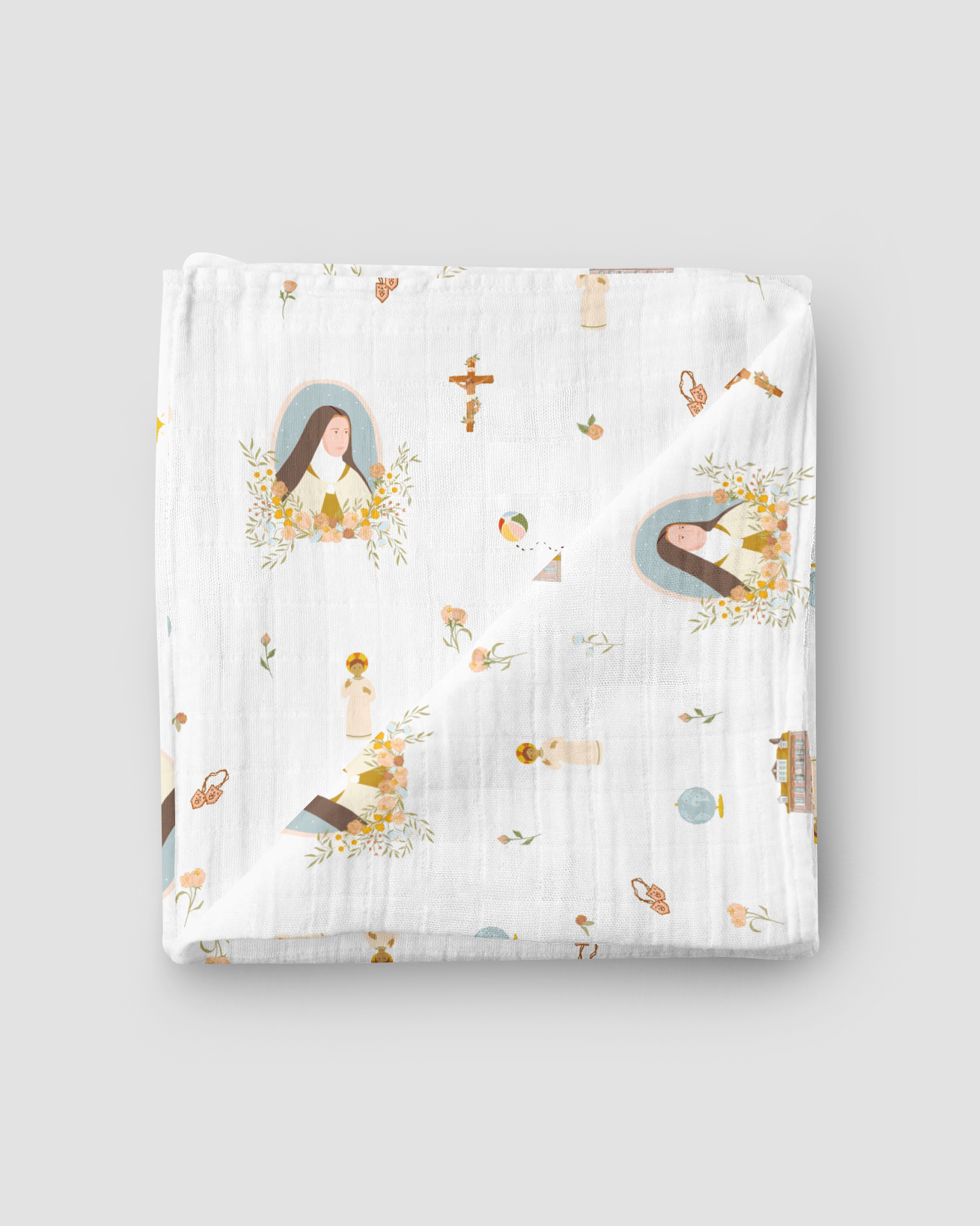 Floral patterned fabric with illustrations on a white background