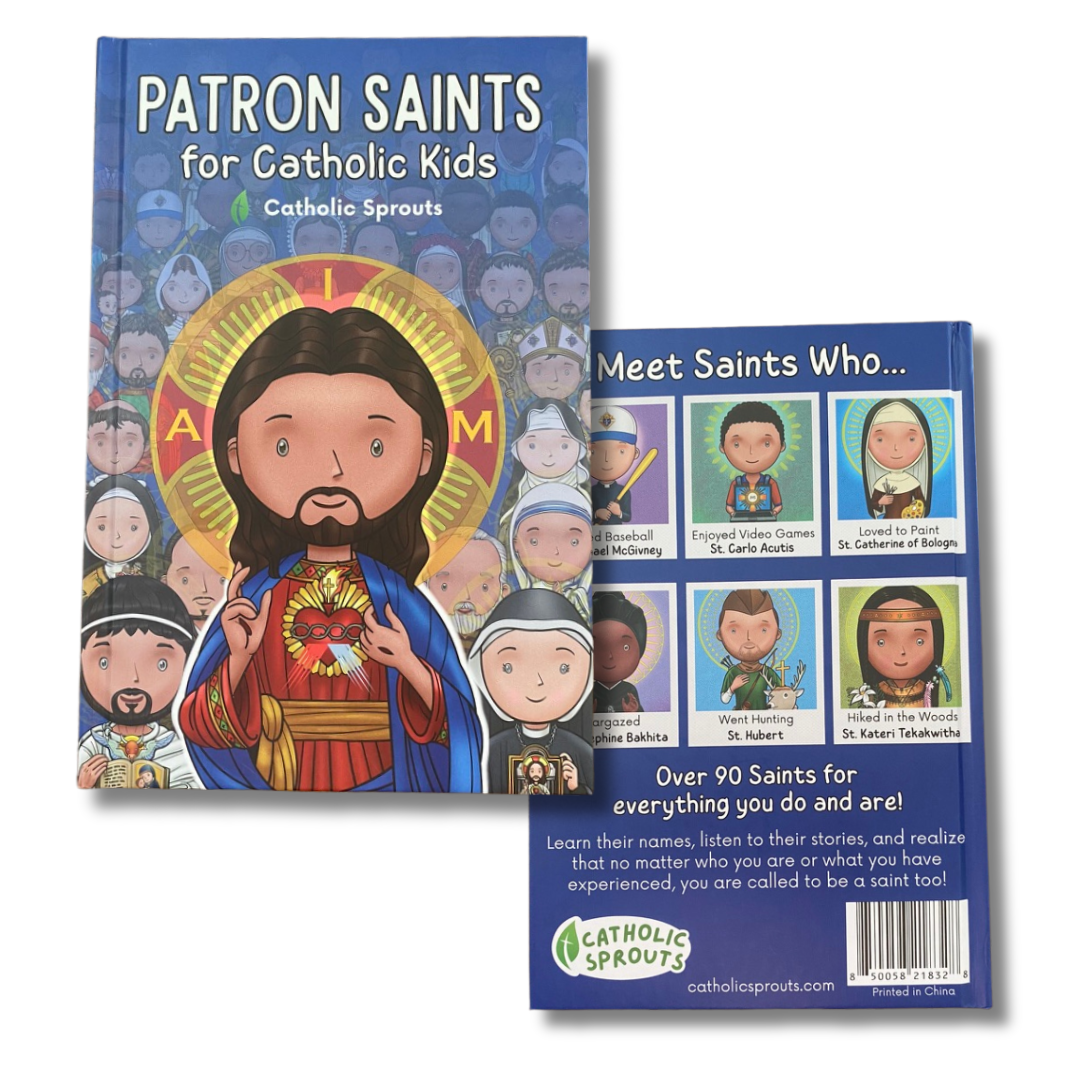 Book titled 'Patron Saints for Catholic Kids' by Catholic Sprouts on a white background