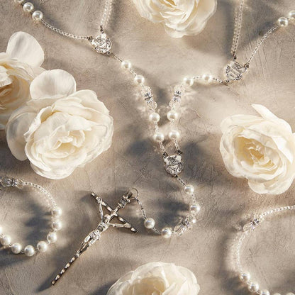 Pearl Lasso Wedding Rosary: Antique Silver Plate, Imitation Pearl and Faceted Crystal Beads / 10mm Pearl Beads, 10mm Faceted Crystal, Silver Capped Our Father Beads, 33" L, 1" Centerpiece, 4-1/2" Crucifix
