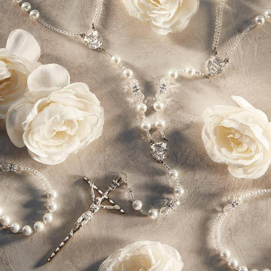 Pearl Lasso Wedding Rosary: Antique Silver Plate, Imitation Pearl and Faceted Crystal Beads / 10mm Pearl Beads, 10mm Faceted Crystal, Silver Capped Our Father Beads, 33" L, 1" Centerpiece, 4-1/2" Crucifix