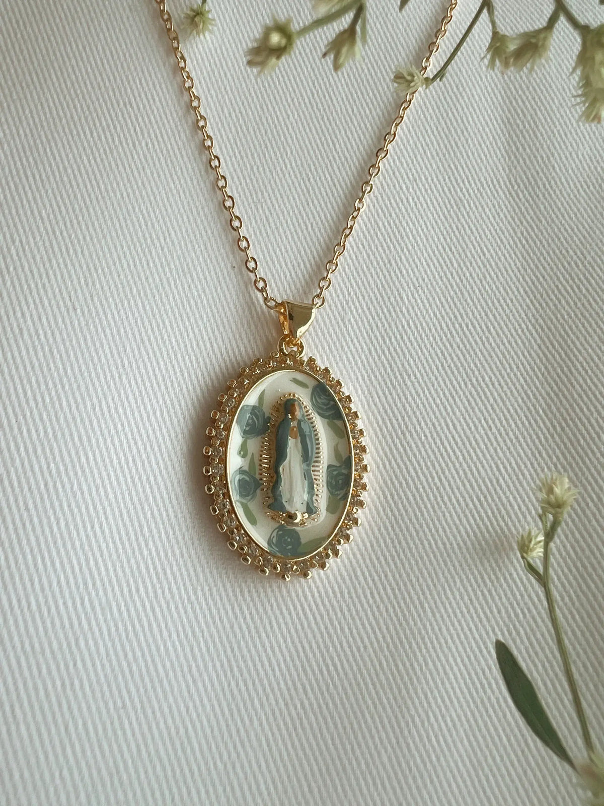 COMING SOON Mother Mary in Blue Roses Necklace